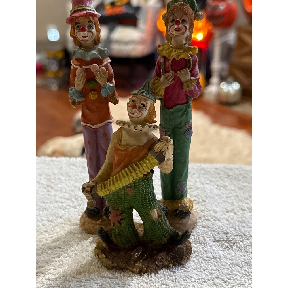 Vintage Style Clown Figurines Set of 3 Miniature Circus Accordion Tambourine